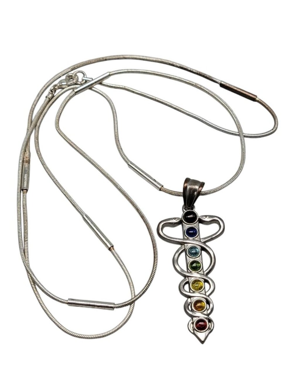 Chakra Healing Caduceus Pendant Necklace Faux Gemstones 35" Chain Silver Tone